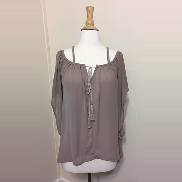Tassel Tie Front Split V Neck Flowy Mocha Butterfly Blouse - Picture 7 of 8